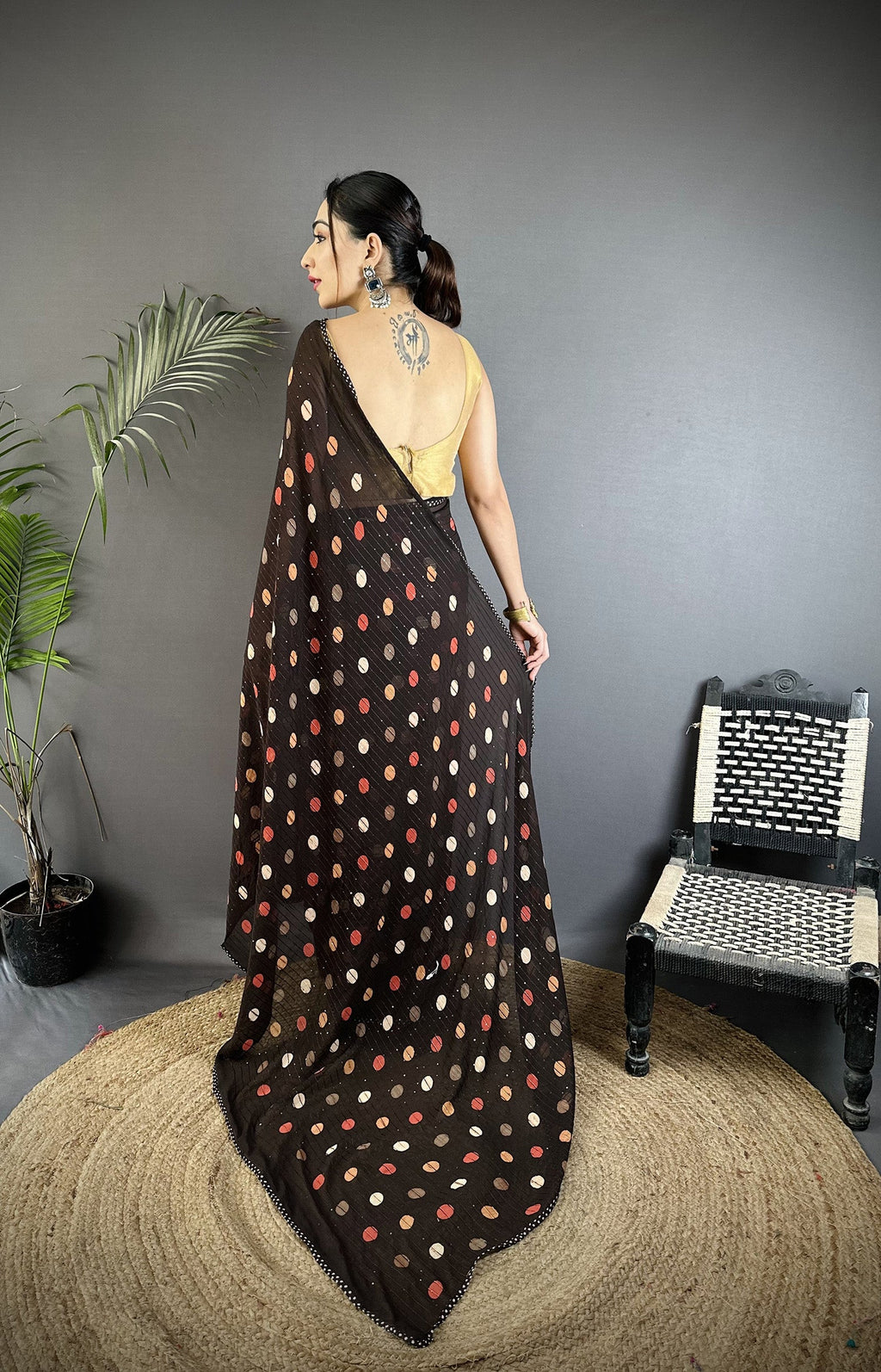Joban Fashion Black Georgette Polka Dot Pattern Saree | Grocsy