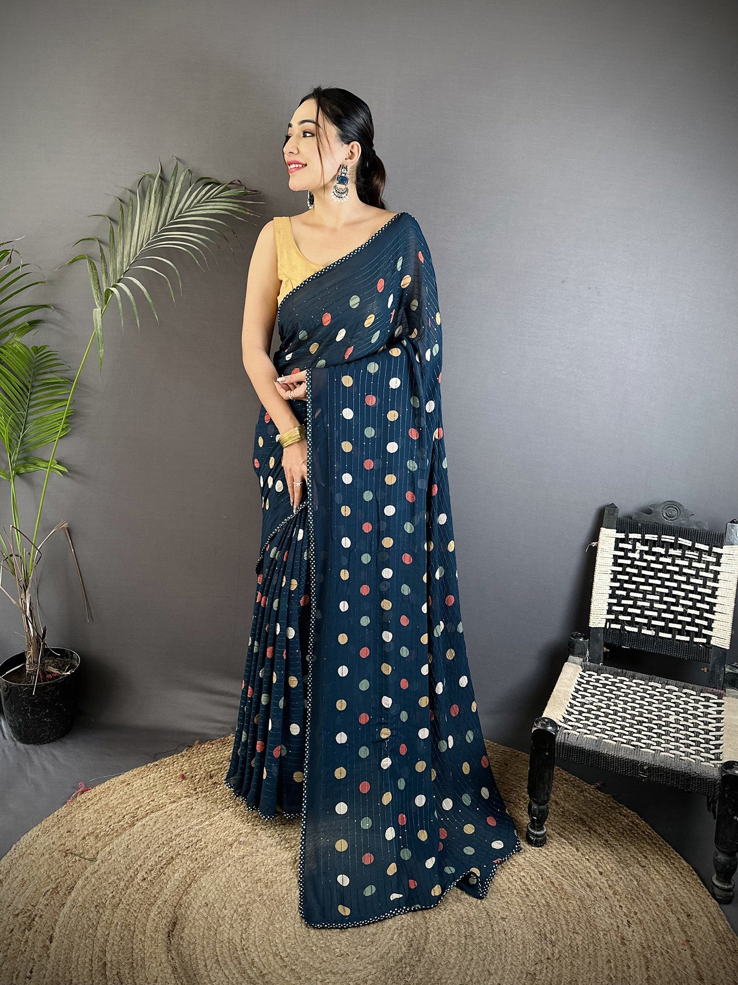 Joban Fashion Deep Blue Georgette Polka Dot Pattern Saree | Grocsy