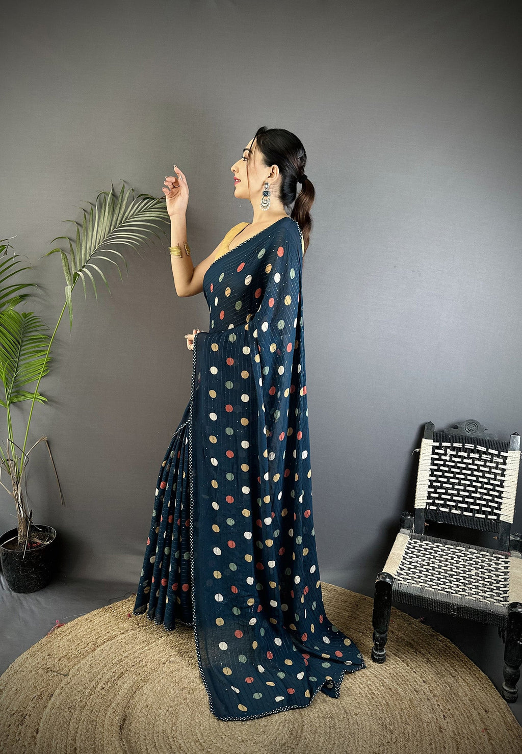 Joban Fashion Deep Blue Georgette Polka Dot Pattern Saree | Grocsy