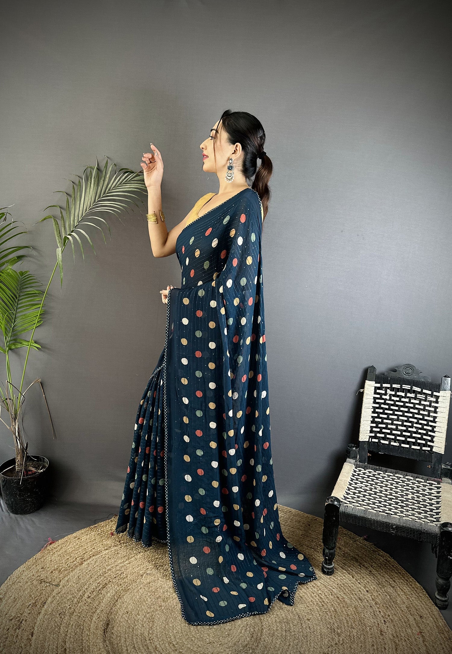 Joban Fashion Deep Blue Georgette Polka Dot Pattern Saree | Grocsy