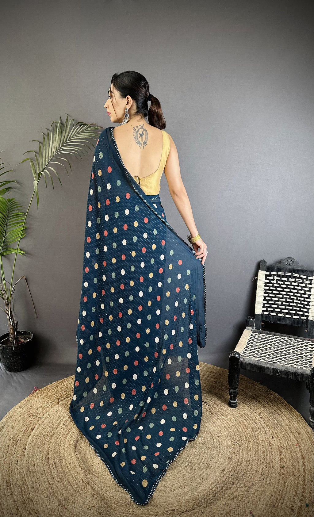 Joban Fashion Deep Blue Georgette Polka Dot Pattern Saree | Grocsy