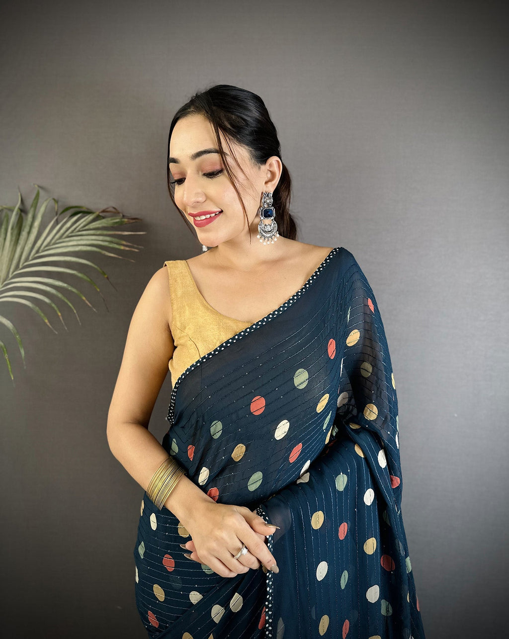 Joban Fashion Deep Blue Georgette Polka Dot Pattern Saree | Grocsy