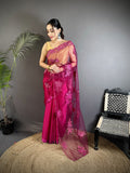 Joban Fashion Fuchsia Georgette Floral Embroidered Saree | Grocsy