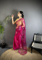 Joban Fashion Fuchsia Georgette Floral Embroidered Saree | Grocsy