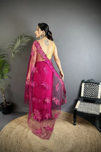 Joban Fashion Fuchsia Georgette Floral Embroidered Saree | Grocsy