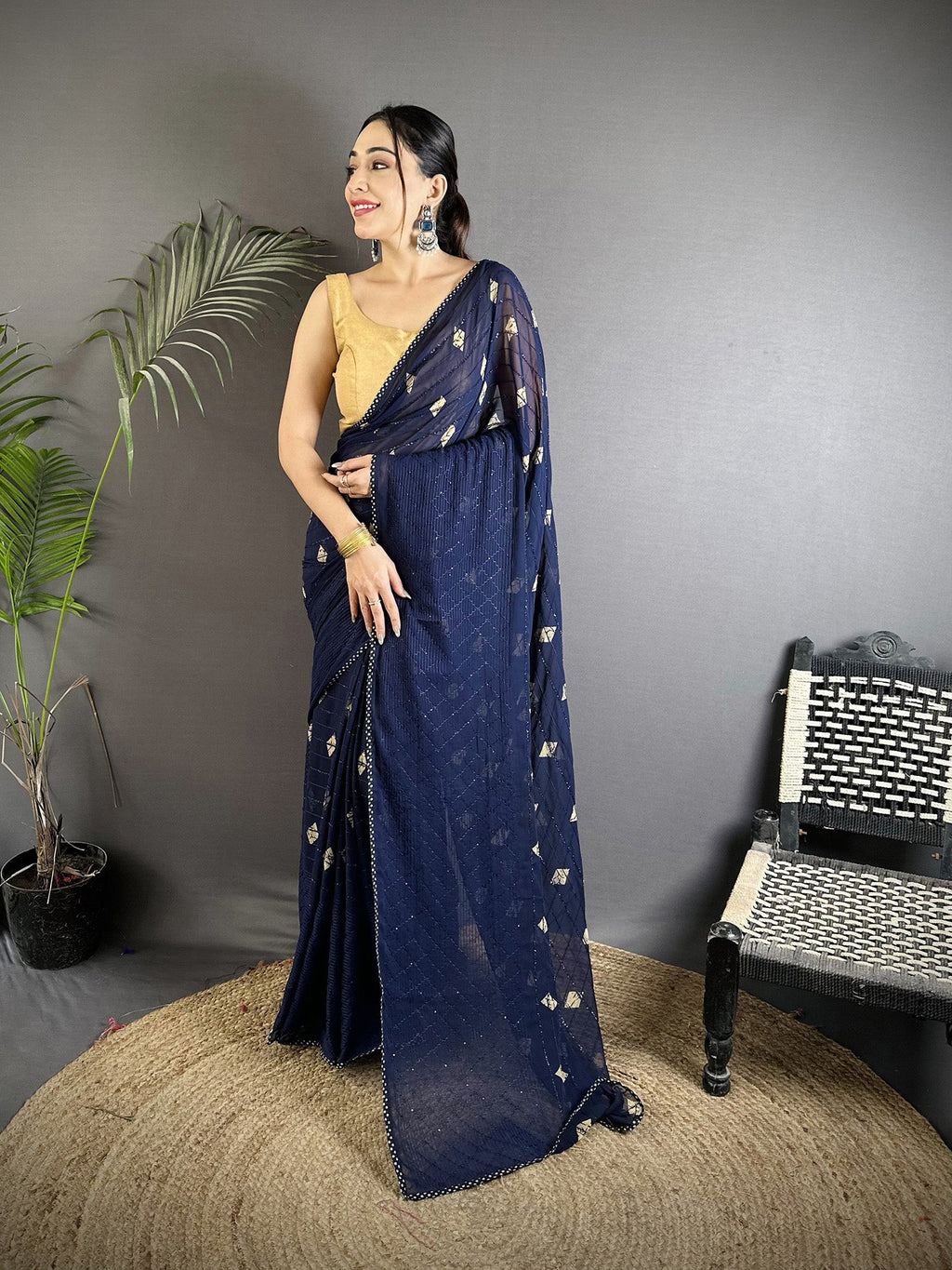 Joban Fashion Navy Blue Georgette Polka Dot Pattern Saree | Grocsy