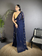 Joban Fashion Navy Blue Georgette Polka Dot Pattern Saree | Grocsy