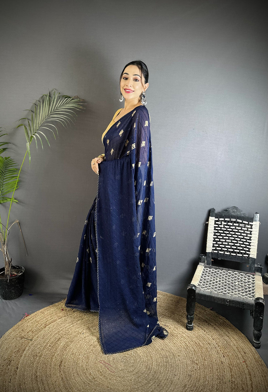Joban Fashion Navy Blue Georgette Polka Dot Pattern Saree | Grocsy