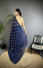 Joban Fashion Navy Blue Georgette Polka Dot Pattern Saree | Grocsy