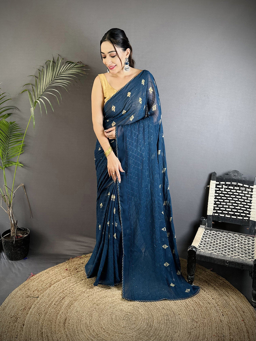 Joban Fashion Blue Georgette Polka Dot Pattern Saree | Grocsy
