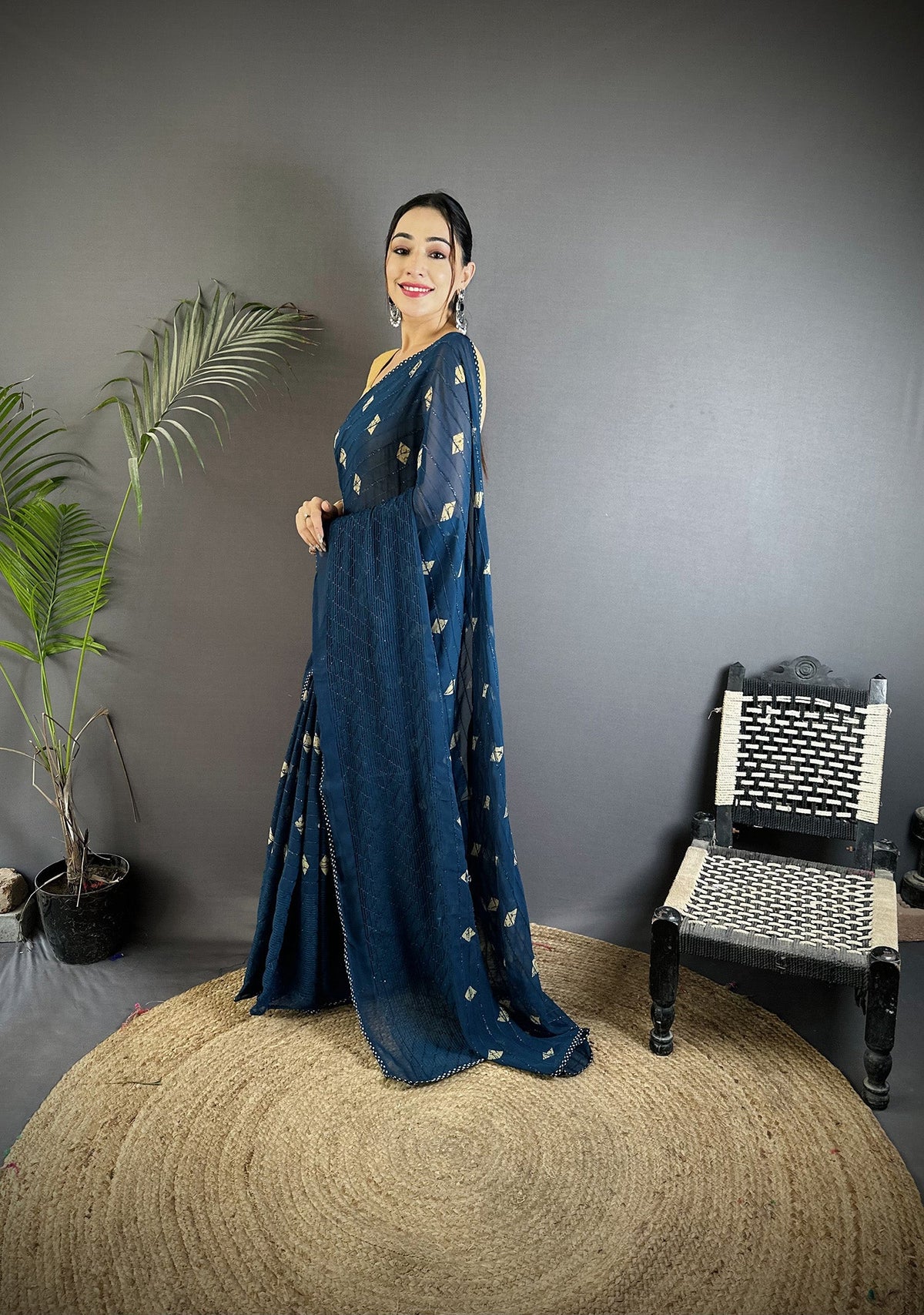 Joban Fashion Blue Georgette Polka Dot Pattern Saree | Grocsy