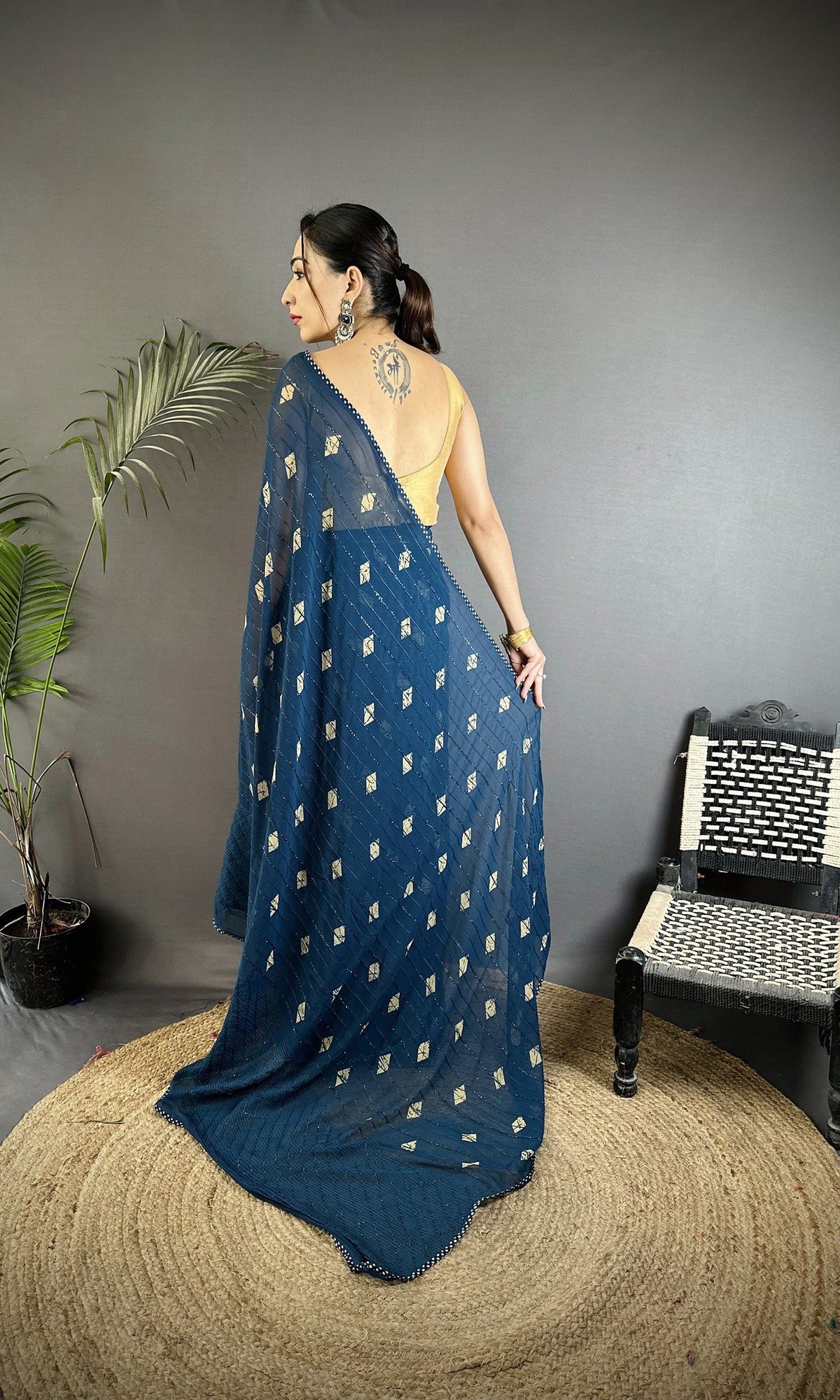 Joban Fashion Blue Georgette Polka Dot Pattern Saree | Grocsy