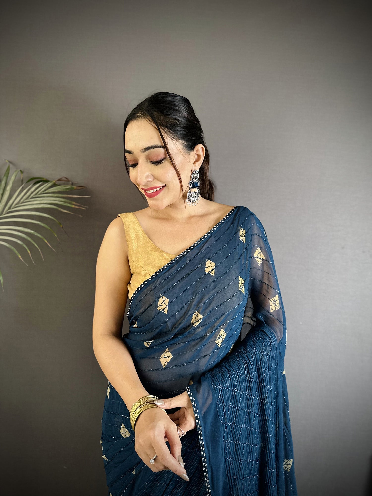 Joban Fashion Blue Georgette Polka Dot Pattern Saree | Grocsy