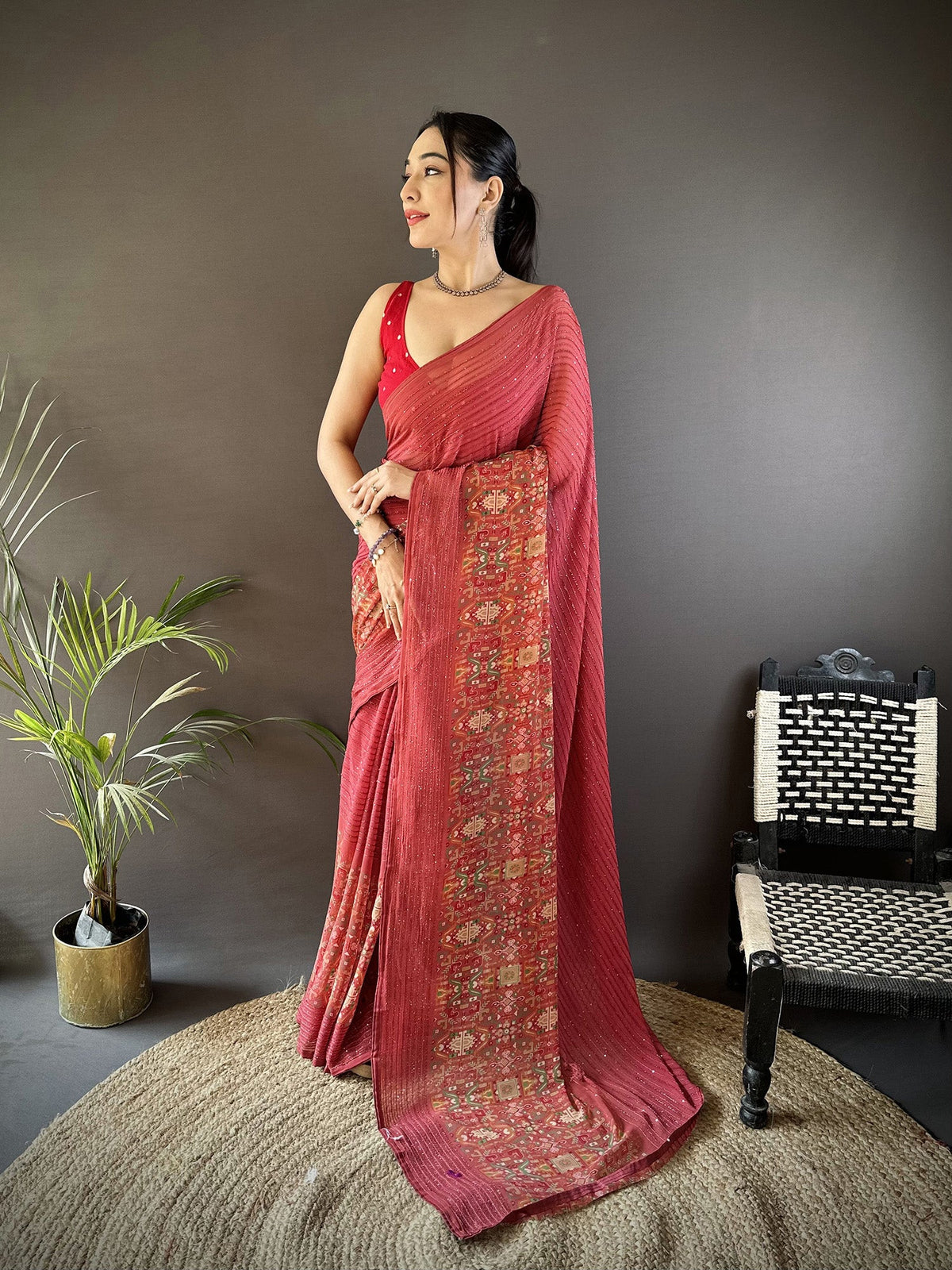 Joban Fashion Red Georgette Attractive Foil Print Saree | Grocsy