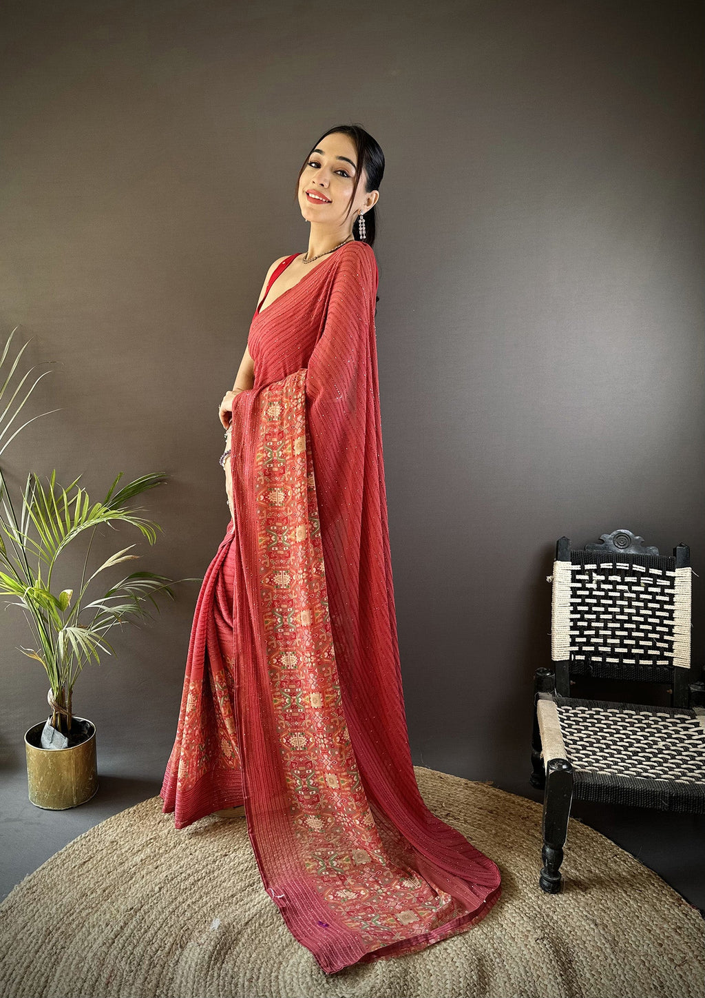 Joban Fashion Red Georgette Attractive Foil Print Saree | Grocsy