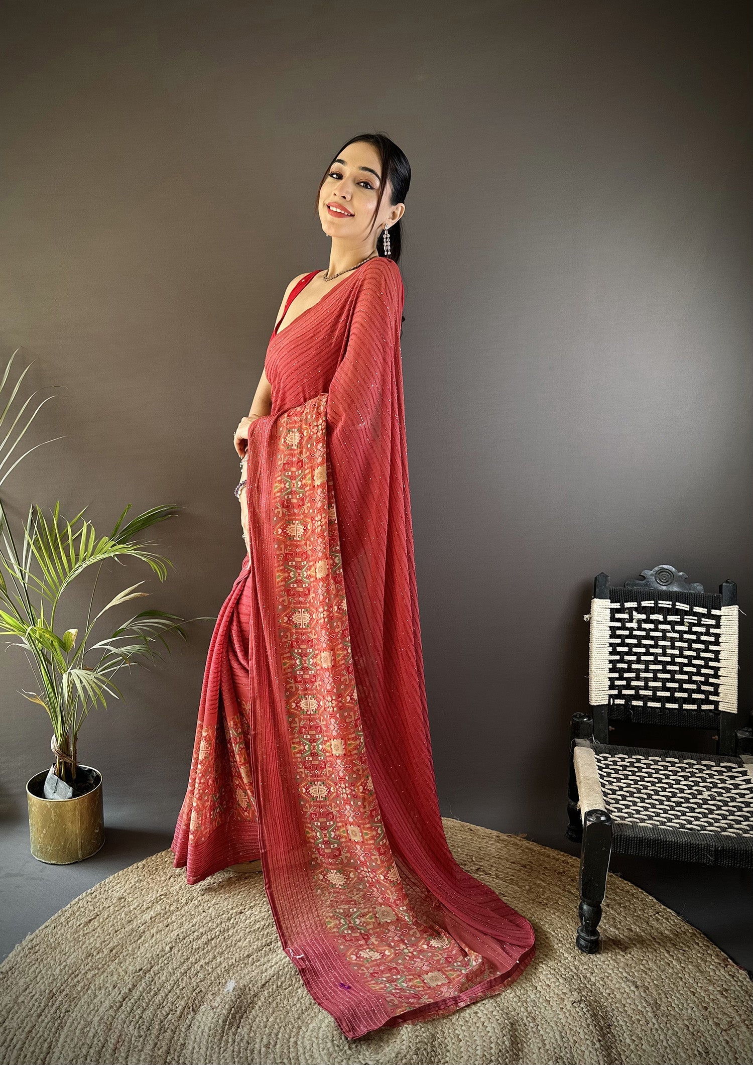 Joban Fashion Red Georgette Attractive Foil Print Saree | Grocsy