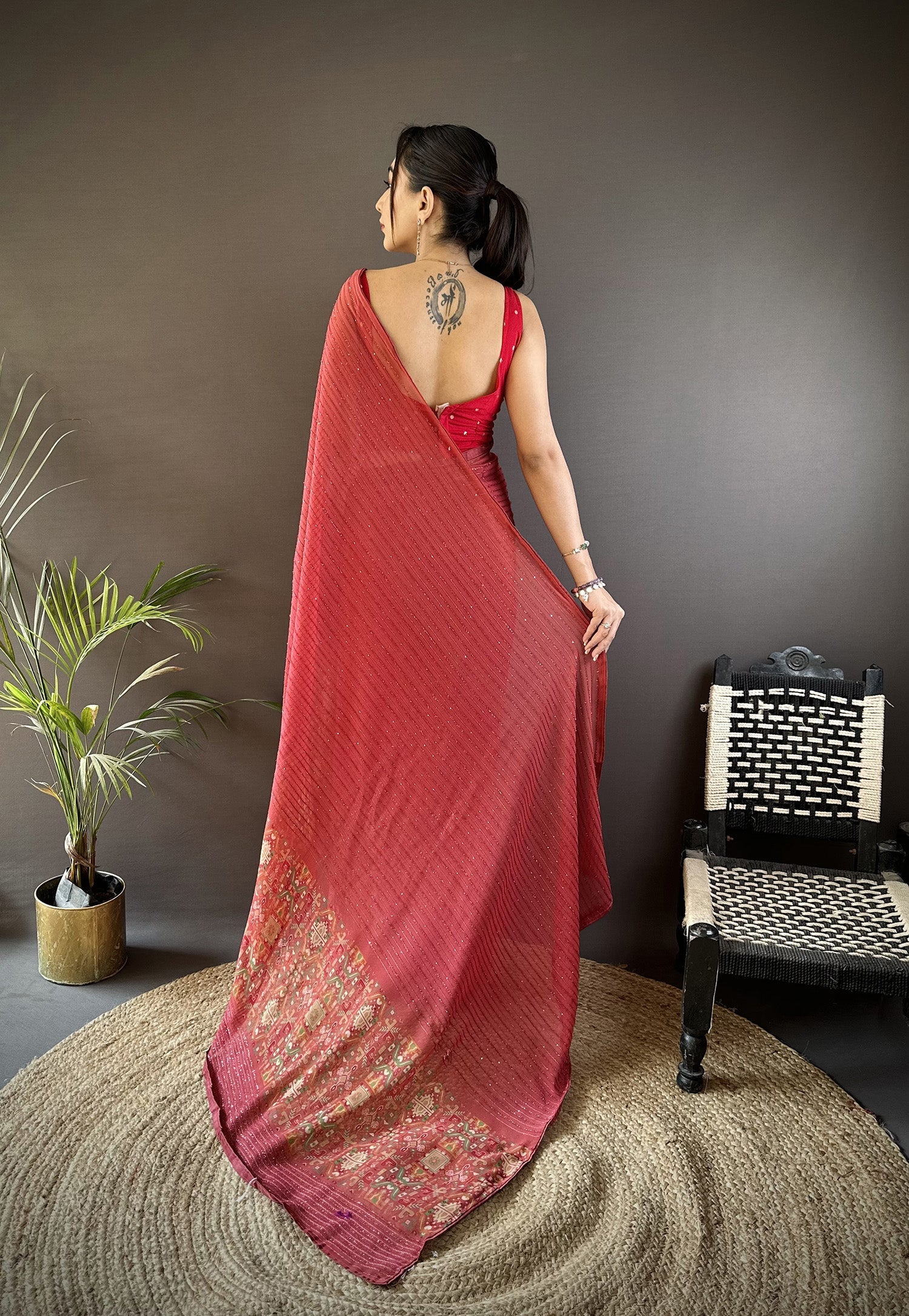 Joban Fashion Red Georgette Attractive Foil Print Saree | Grocsy