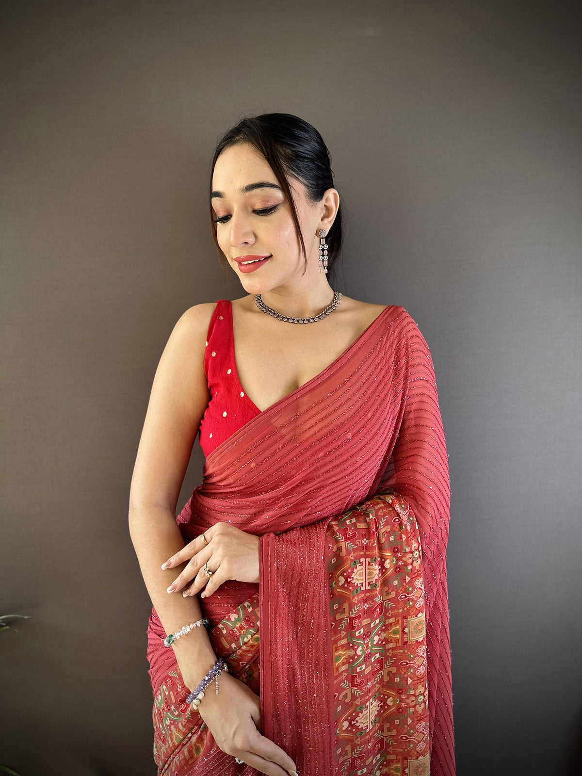 Joban Fashion Red Georgette Attractive Foil Print Saree | Grocsy