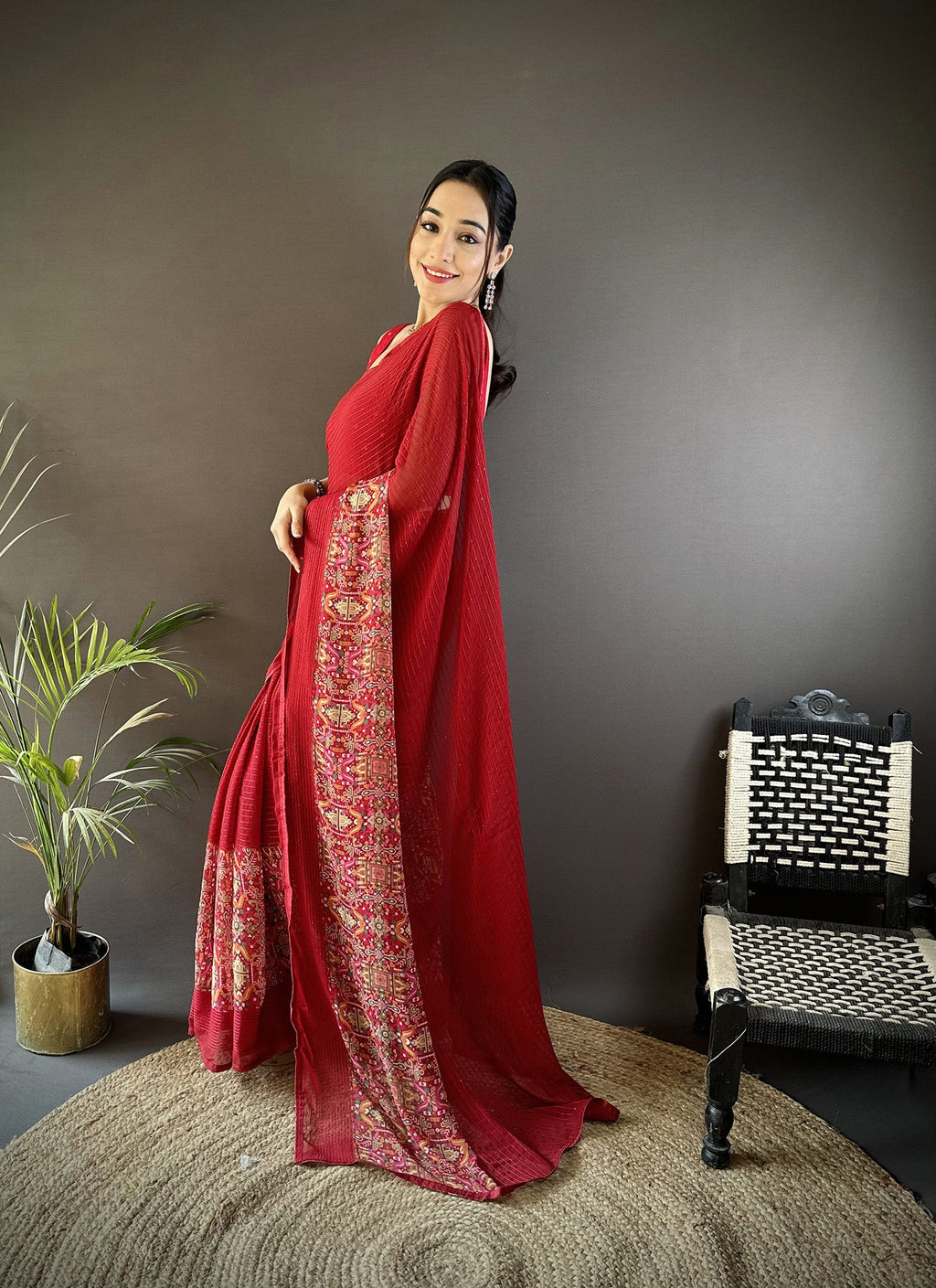 Joban Fashion Royal Red Georgette Attractive Foil Print Saree | Grocsy