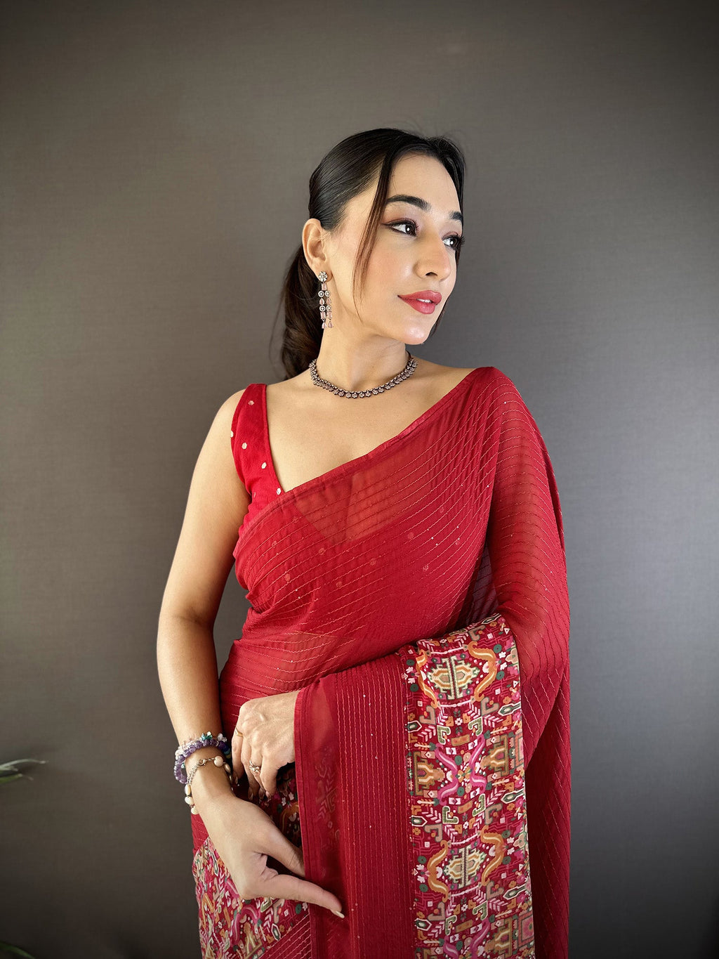 Joban Fashion Royal Red Georgette Attractive Foil Print Saree | Grocsy