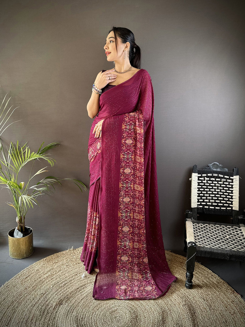 Joban Fashion Wine Georgette Attractive Foil Print Saree | Grocsy