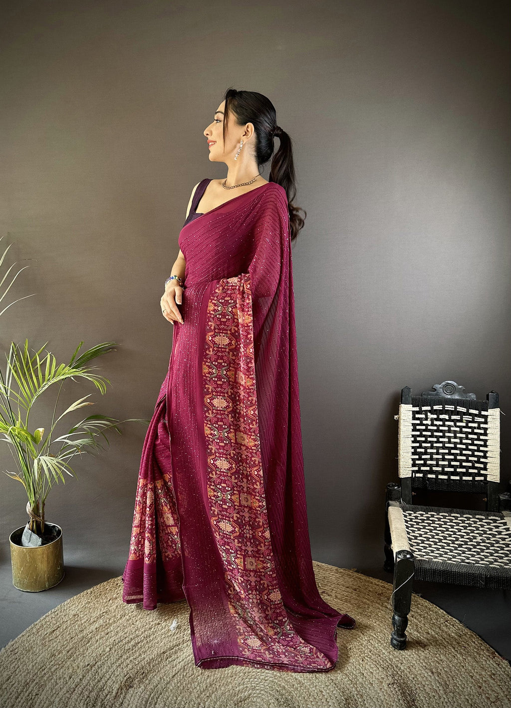 Joban Fashion Wine Georgette Attractive Foil Print Saree | Grocsy