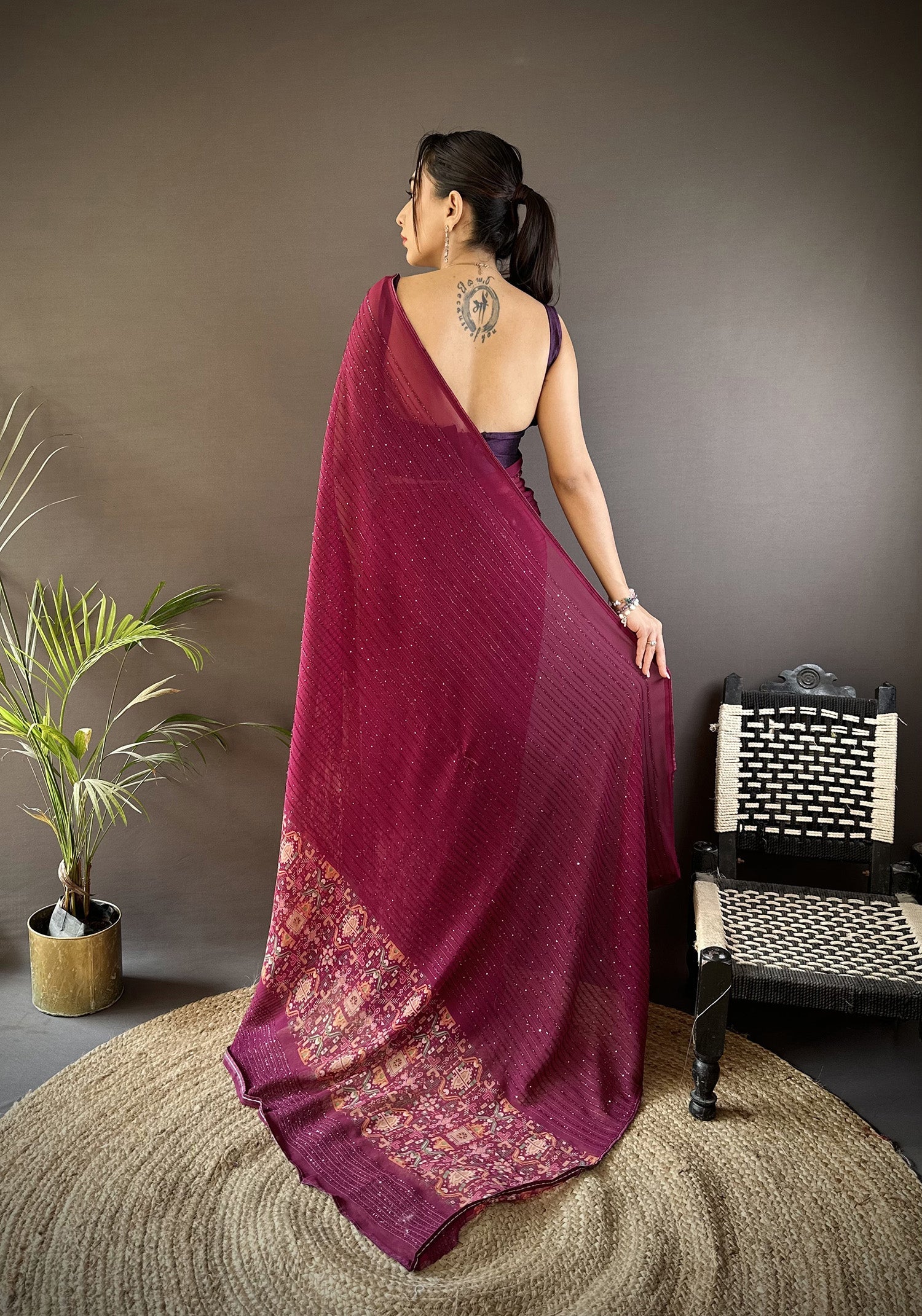 Joban Fashion Wine Georgette Attractive Foil Print Saree | Grocsy