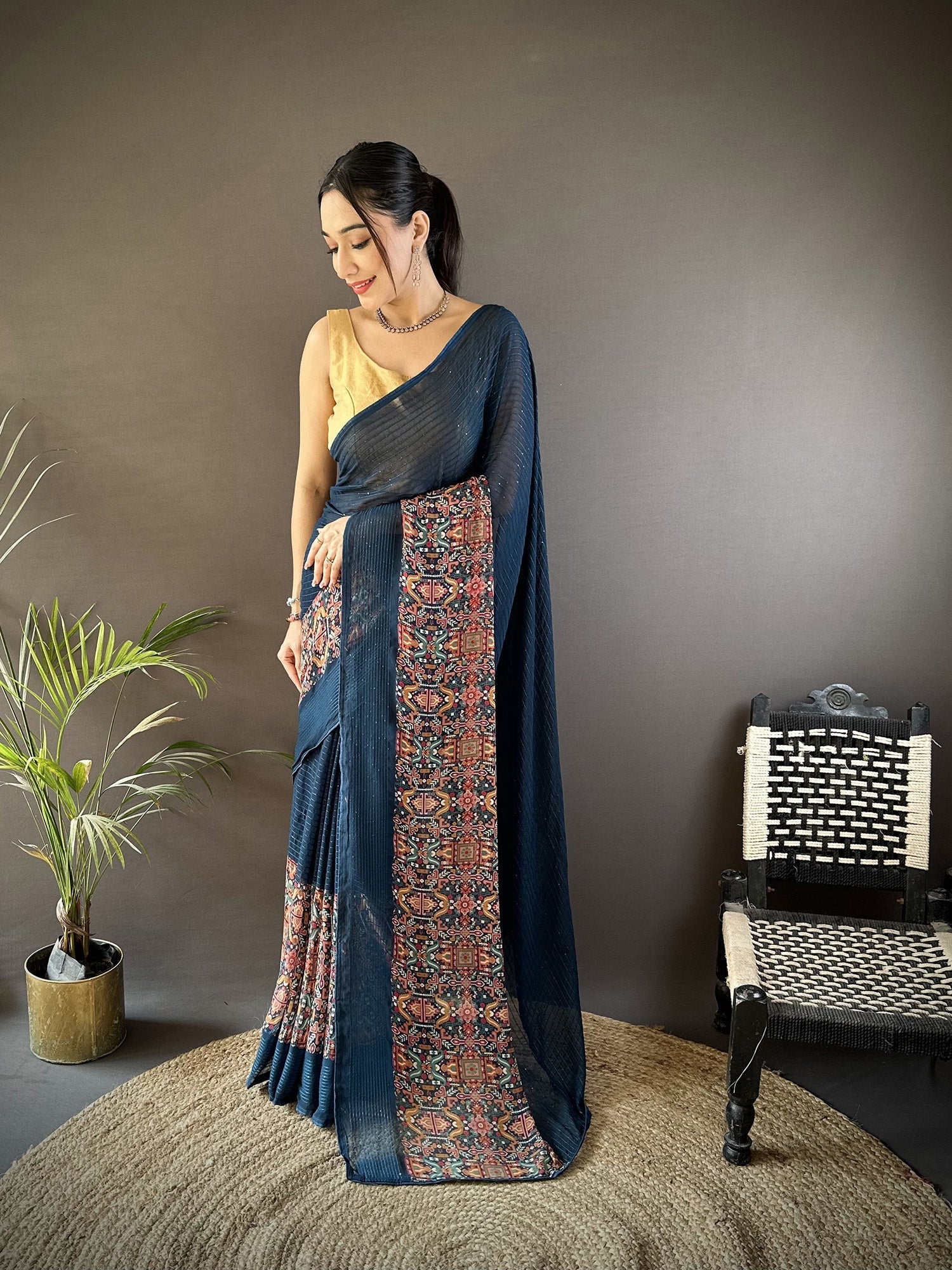Joban Fashion Blue Georgette Attractive Foil Print Saree | Grocsy