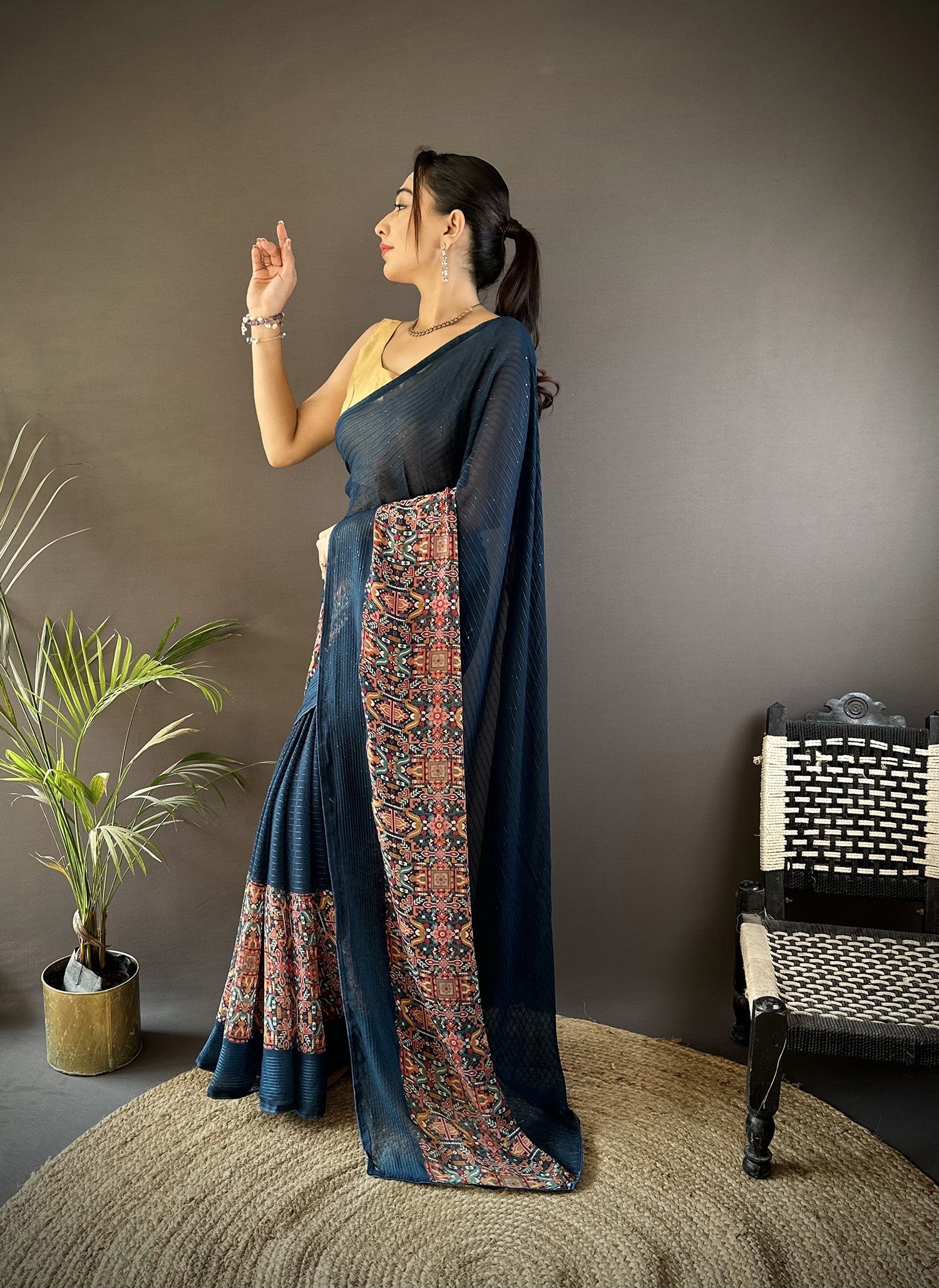 Joban Fashion Blue Georgette Attractive Foil Print Saree | Grocsy