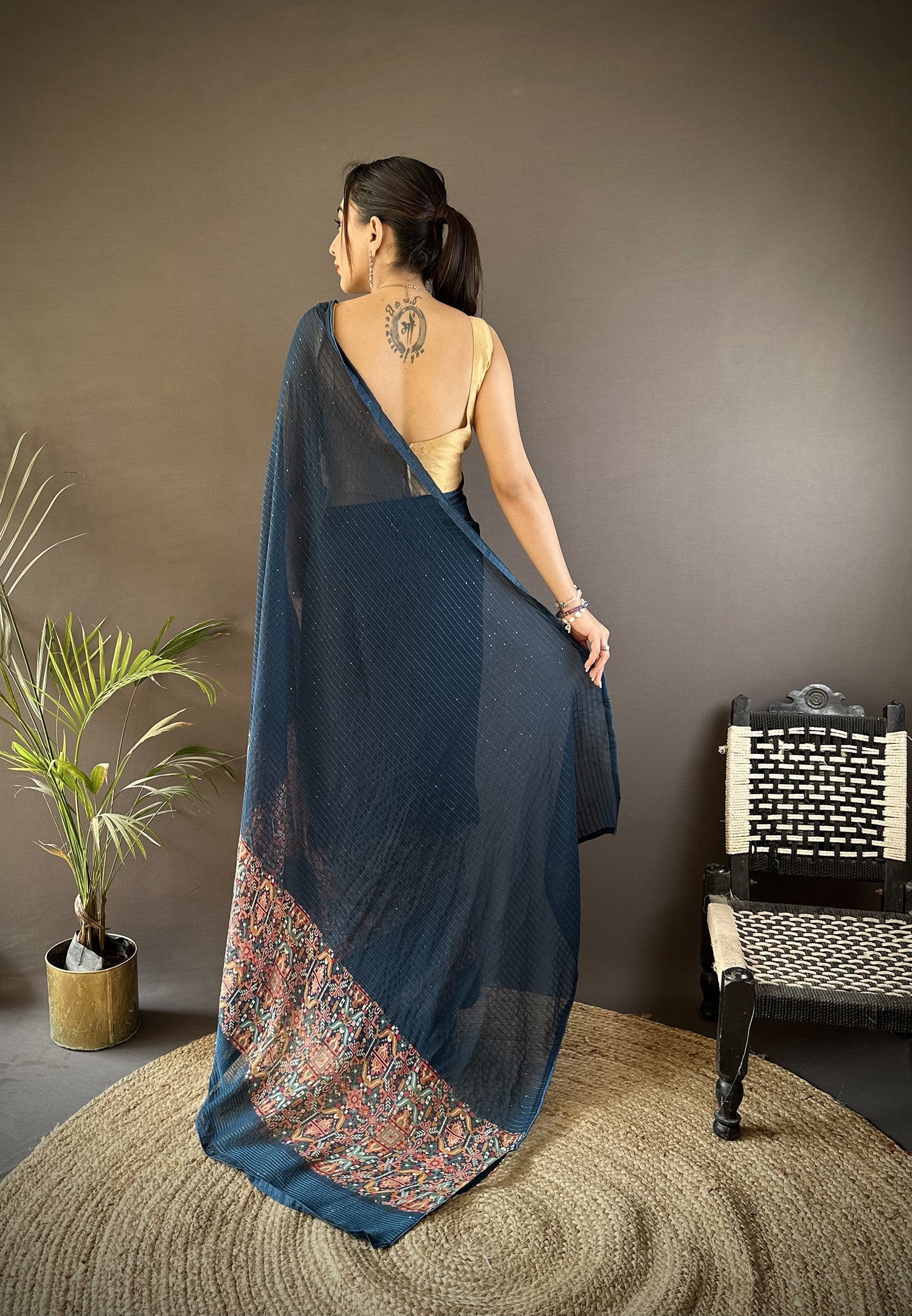 Joban Fashion Blue Georgette Attractive Foil Print Saree | Grocsy