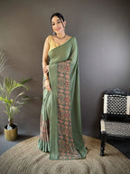 Joban Fashion Mehendi Green Georgette Attractive Foil Print Saree | Grocsy