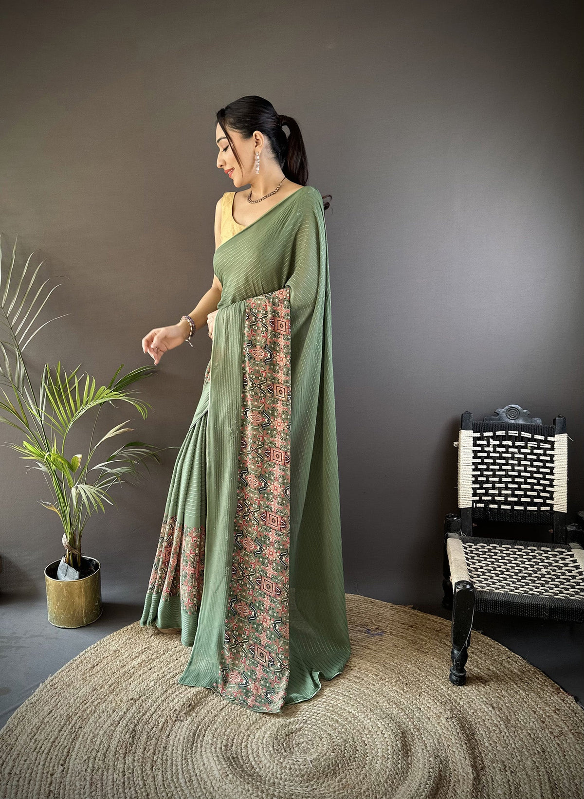 Joban Fashion Mehendi Green Georgette Attractive Foil Print Saree | Grocsy