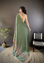 Joban Fashion Mehendi Green Georgette Attractive Foil Print Saree | Grocsy