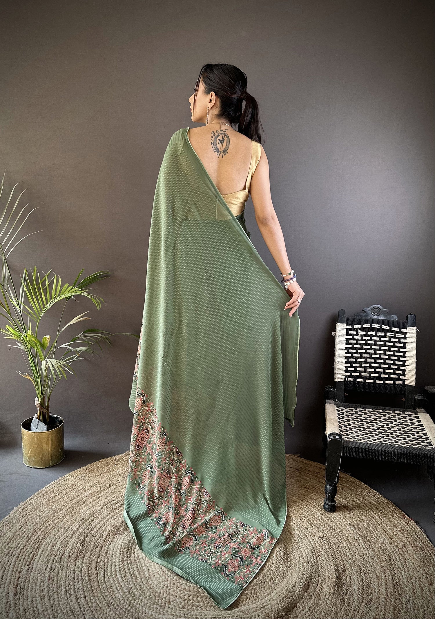Joban Fashion Mehendi Green Georgette Attractive Foil Print Saree | Grocsy