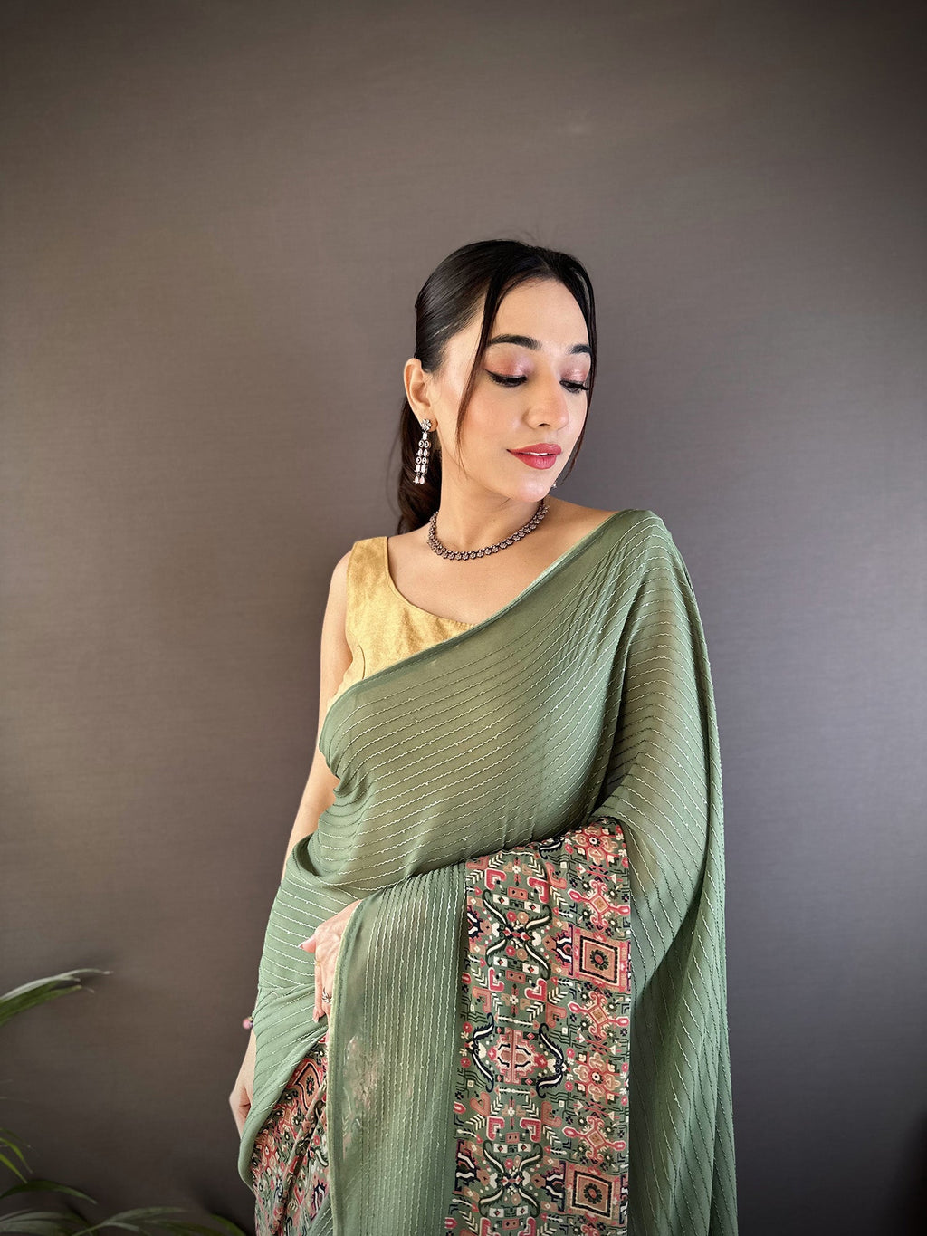 Joban Fashion Mehendi Green Georgette Attractive Foil Print Saree | Grocsy