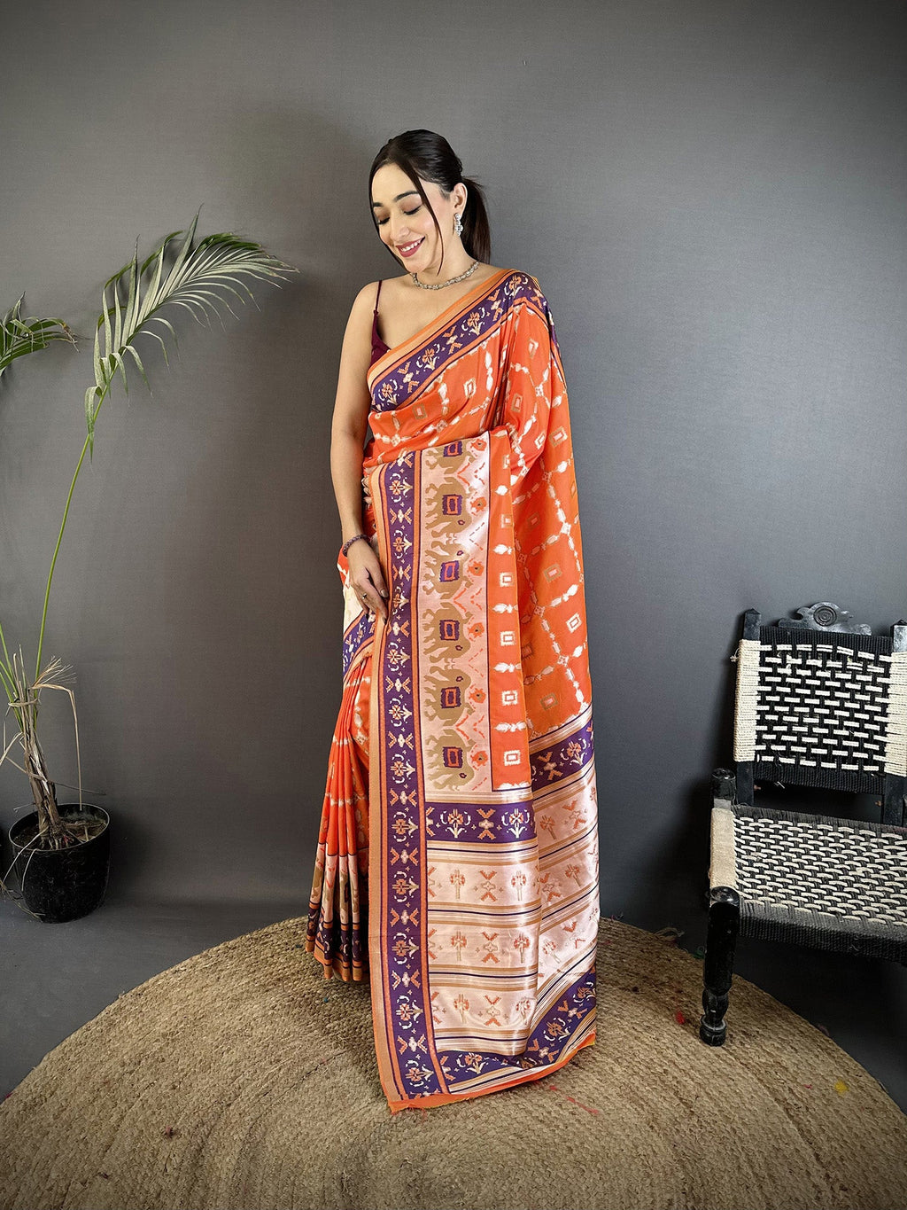 Joban Fashion Orange Banarasi Silk Motifs Inspired By Nature Saree | Grocsy