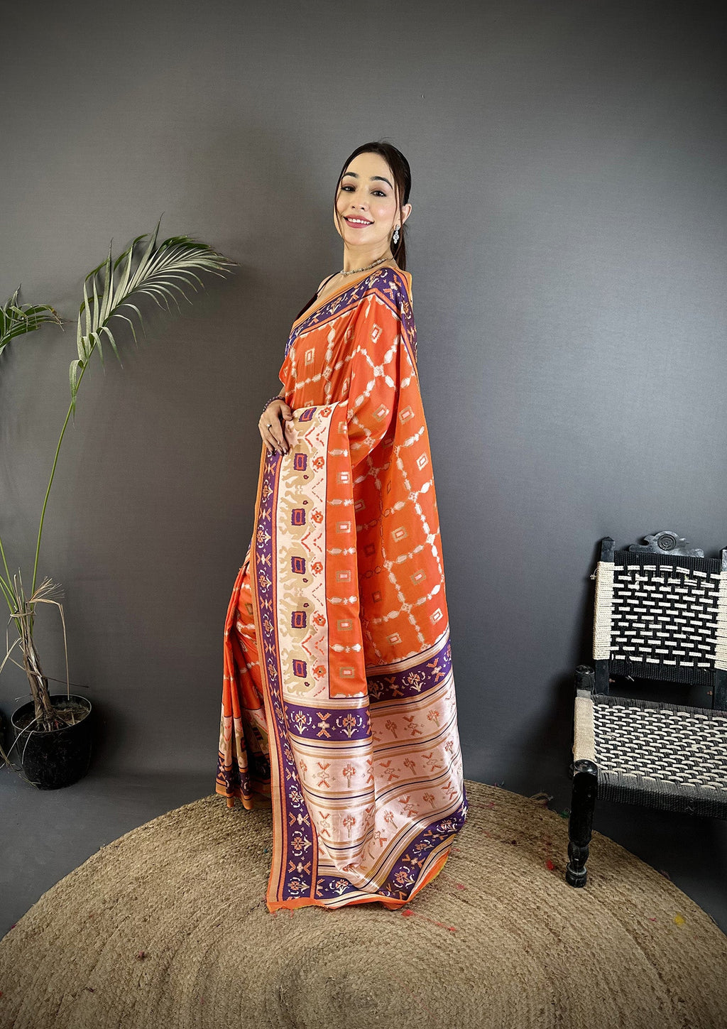 Joban Fashion Orange Banarasi Silk Motifs Inspired By Nature Saree | Grocsy
