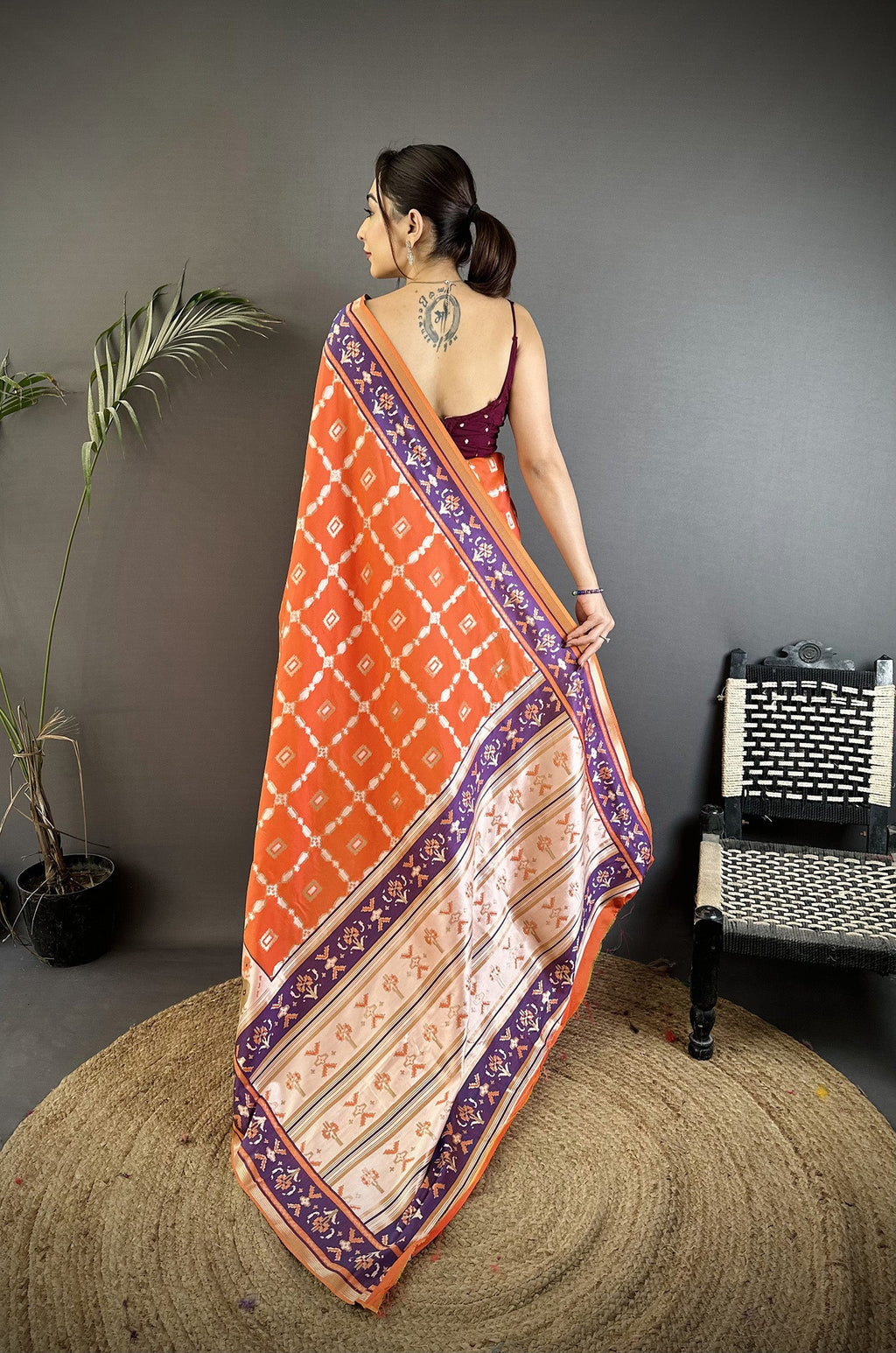 Joban Fashion Orange Banarasi Silk Motifs Inspired By Nature Saree | Grocsy