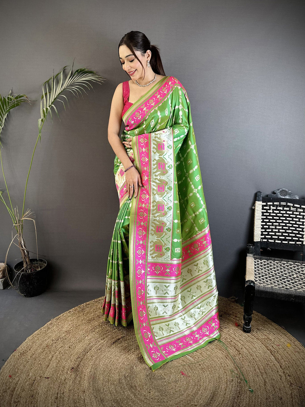 Joban Fashion Parrot Green Banarasi Silk Motifs Inspired By Nature Saree | Grocsy