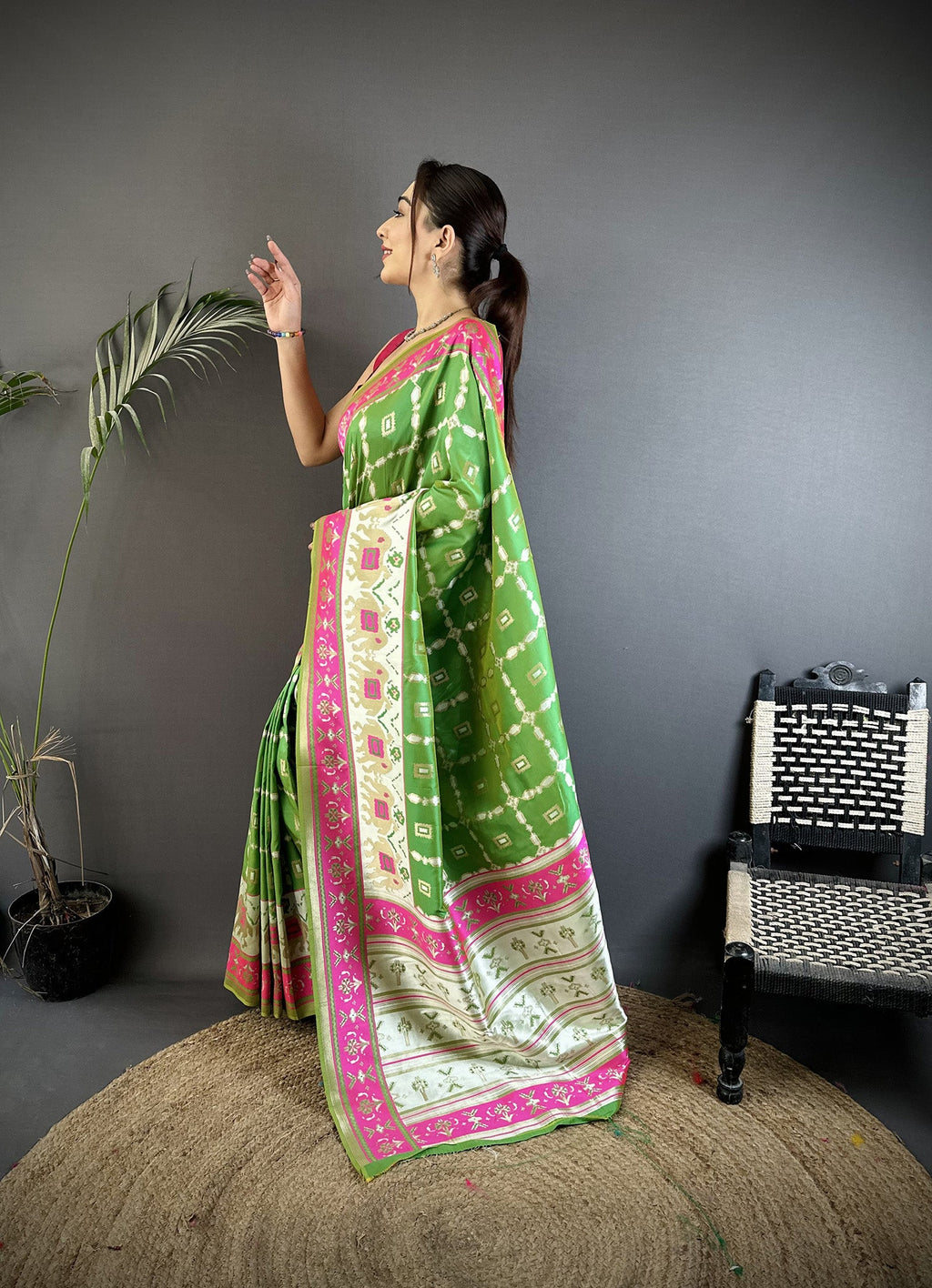 Joban Fashion Parrot Green Banarasi Silk Motifs Inspired By Nature Saree | Grocsy
