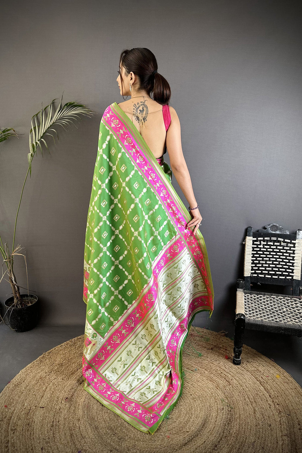 Joban Fashion Parrot Green Banarasi Silk Motifs Inspired By Nature Saree | Grocsy