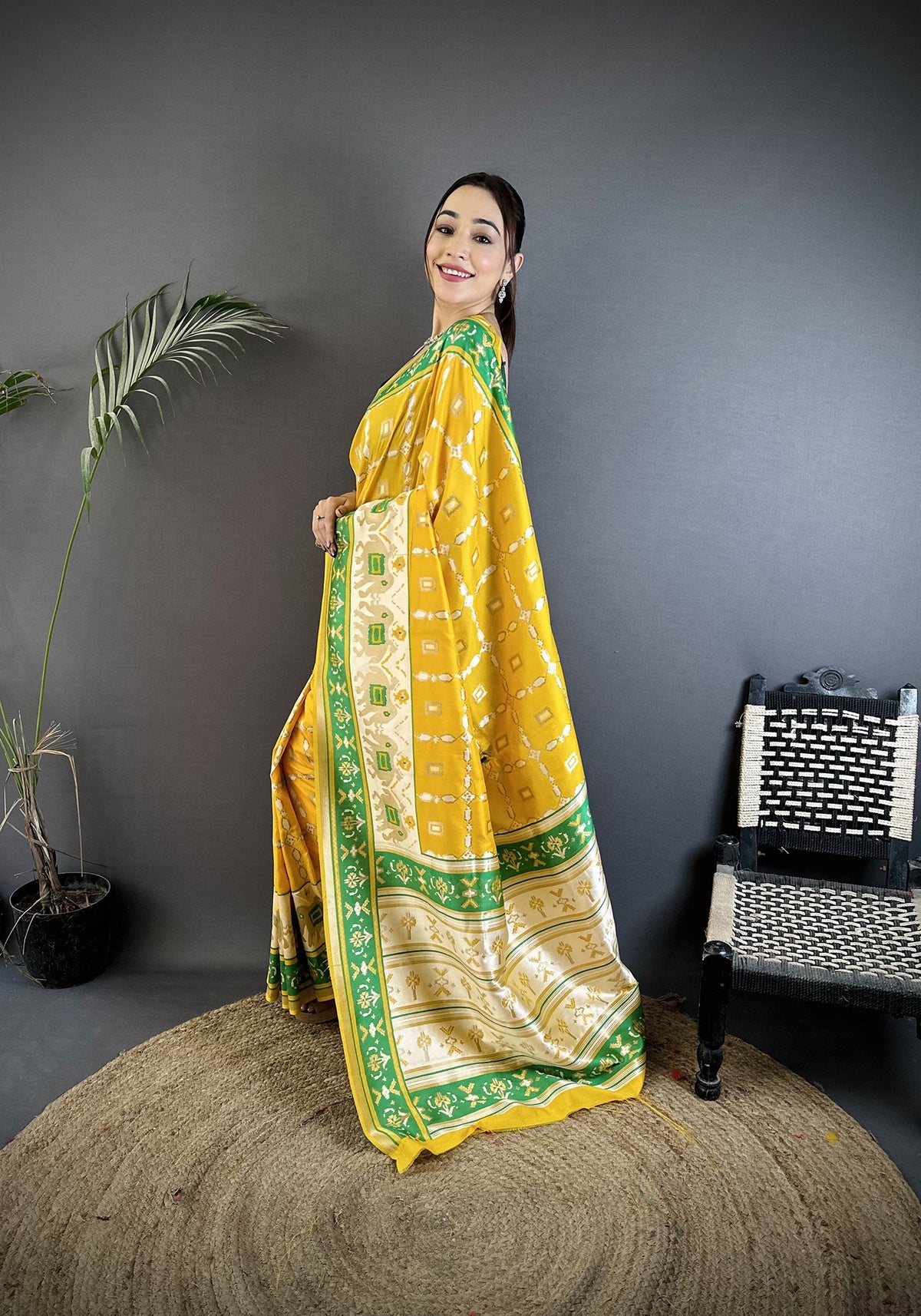 Joban Fashion Yellow Banarasi Silk Motifs Inspired By Nature Saree | Grocsy