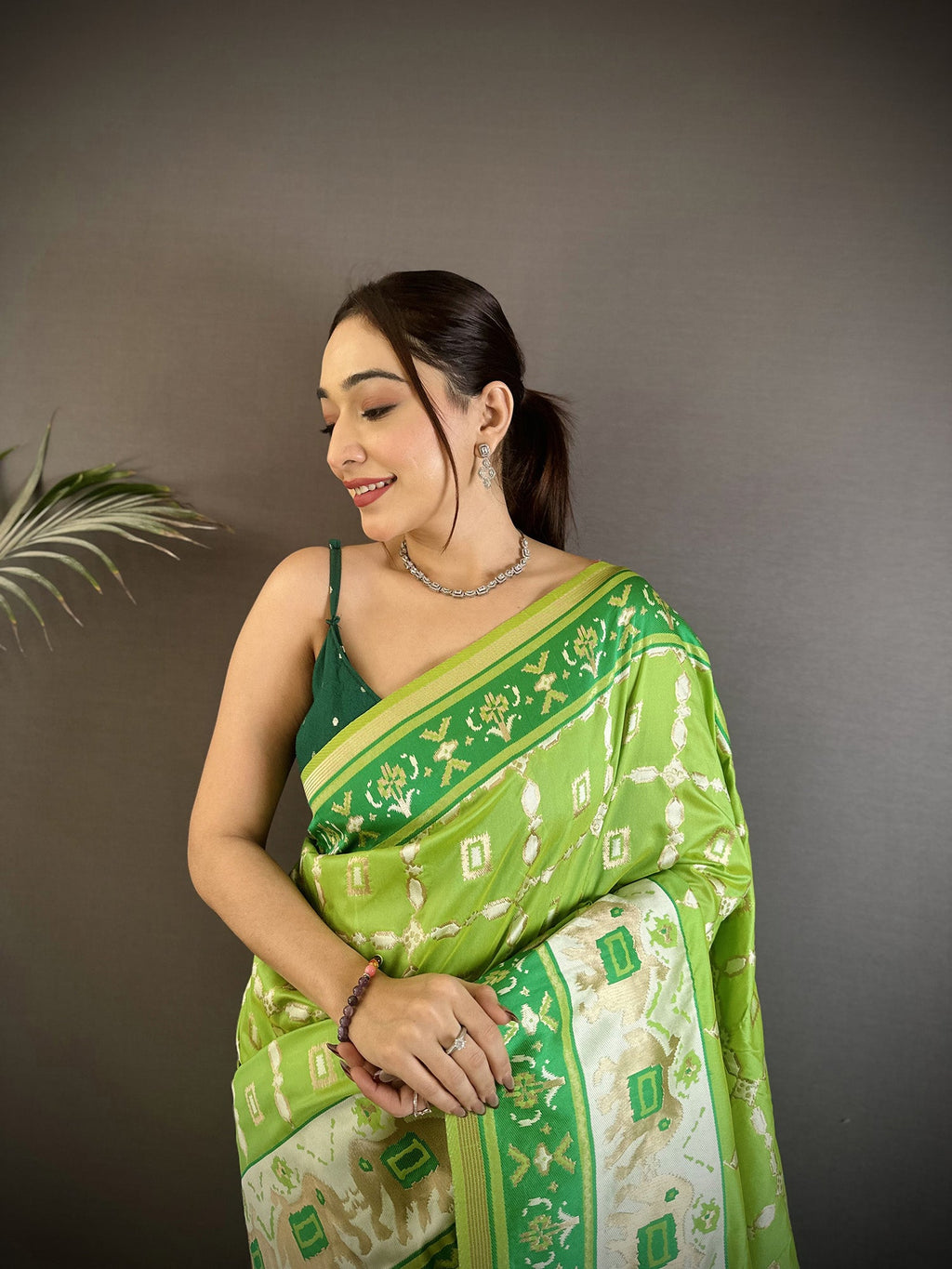 Joban Fashion Pear Green Banarasi Silk Motifs Inspired By Nature Saree | Grocsy