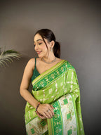 Joban Fashion Pear Green Banarasi Silk Motifs Inspired By Nature Saree | Grocsy