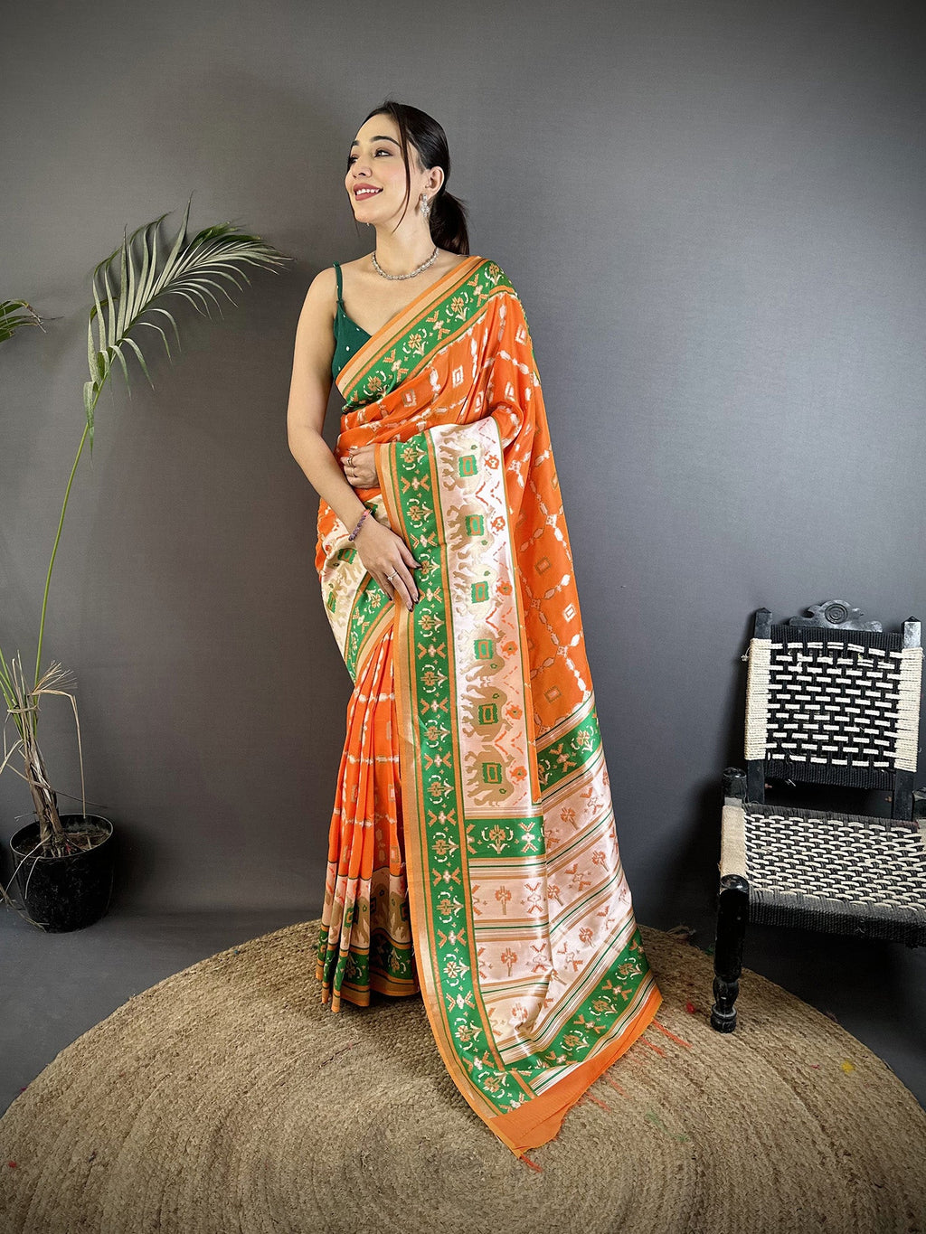 Joban Fashion Orange Banarasi Silk Motifs Inspired By Nature Saree | Grocsy
