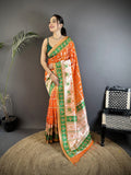 Joban Fashion Orange Banarasi Silk Motifs Inspired By Nature Saree | Grocsy