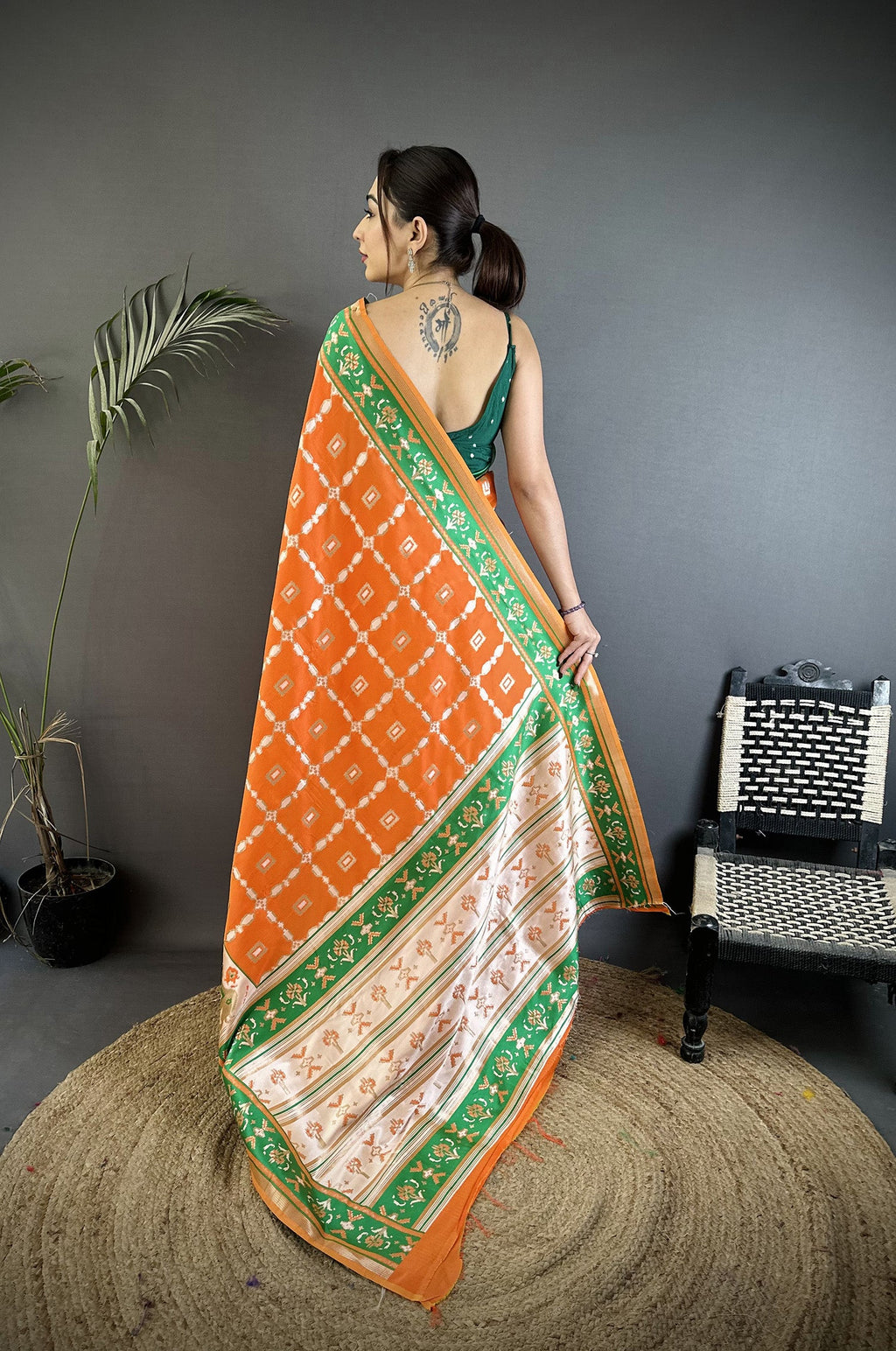 Joban Fashion Orange Banarasi Silk Motifs Inspired By Nature Saree | Grocsy
