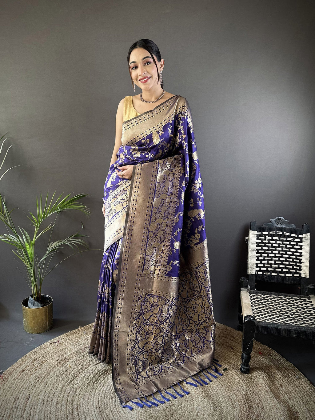 Joban Fashion Royal Blue Banarasi Soft Lichi Silk Floral and Zari Pattern Saree | Grocsy