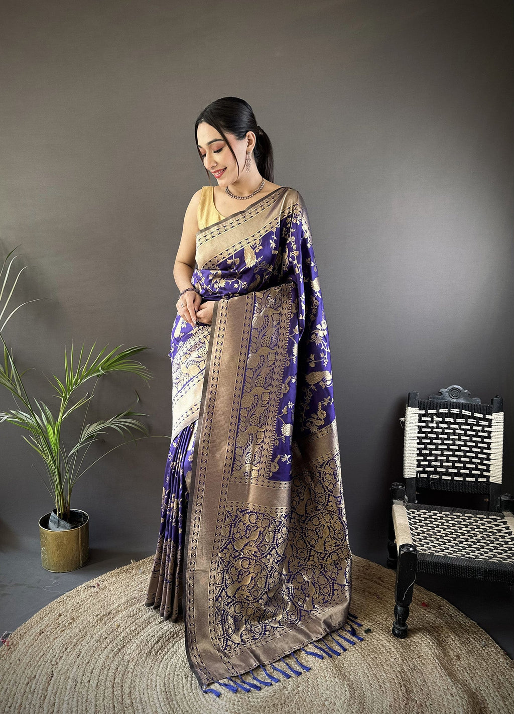 Joban Fashion Royal Blue Banarasi Soft Lichi Silk Floral and Zari Pattern Saree | Grocsy