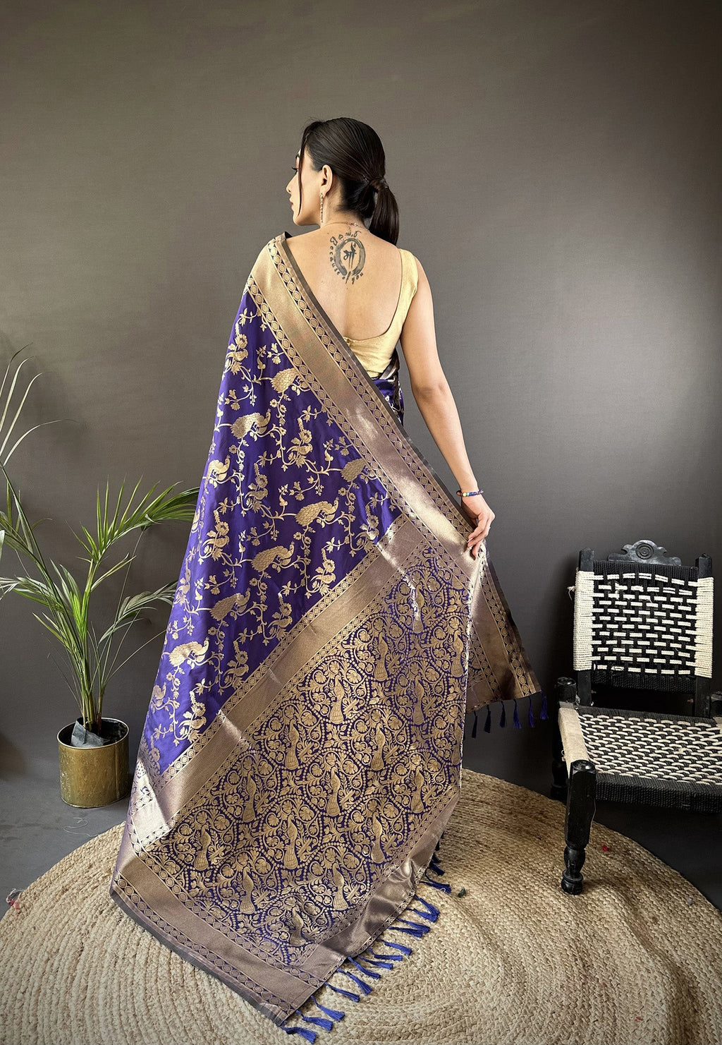 Joban Fashion Royal Blue Banarasi Soft Lichi Silk Floral and Zari Pattern Saree | Grocsy